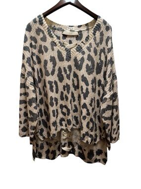 POL Leopard Lace-Up Sweater Boho Chic Oversized Knit Top S